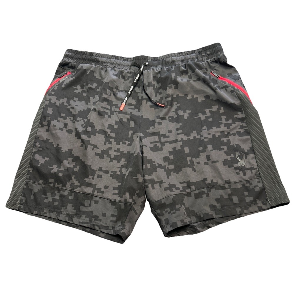 SPYDER Men's Active Shorts Drawstring Stretch XL Woven Black Digi Camo Red